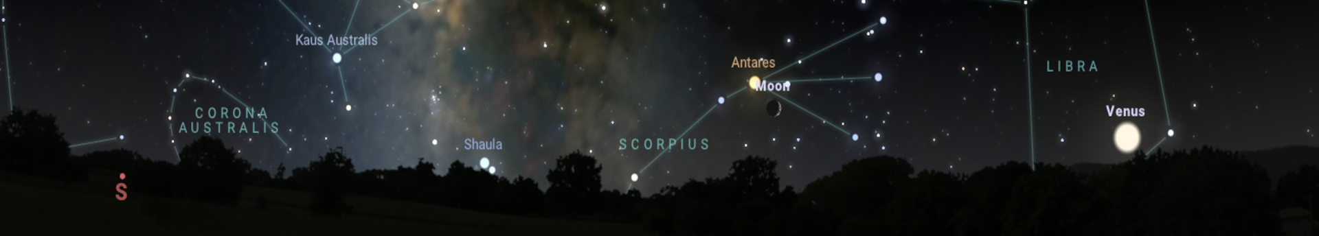 Heti horizont-közeli Hold-les: együtt áll a Hold a Vénusszal, majd az Antaressel 