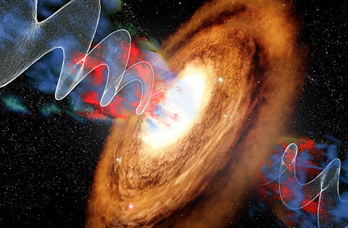 Messzire nyúló, imbolygó plazmasugarat bocsát ki egy galaxis központja