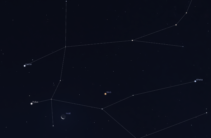 Látványos négyszög alakzatot formáz a Mars, a Hold, a Castor és a Pollux