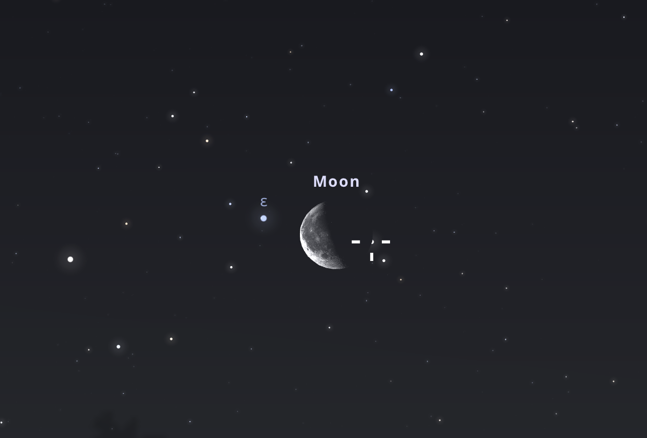 A Hold elfedi a 37 Capricornit május 2-án 03:31-kor a keleti, délkeleti égbolton. Stellarium-web.org