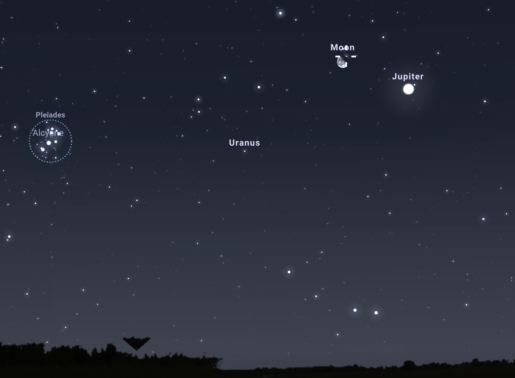 A 46 Ari csillag kilép a Hold sötét oldalán, a Jupiter pedig felkészül a hamarosan bekövetkező együttállásra szeptember 3-án 22:42-kor a keleti égbolton. Stellarium-web.org