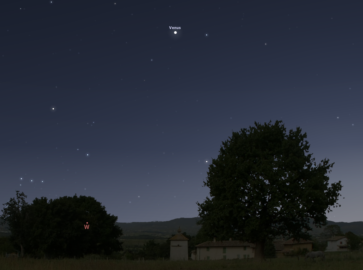 A Vénusz a kora esti égbolton május 3-án 21:00 órakor, 25 fokos horizont feletti magasságban. Stellarium-web.org