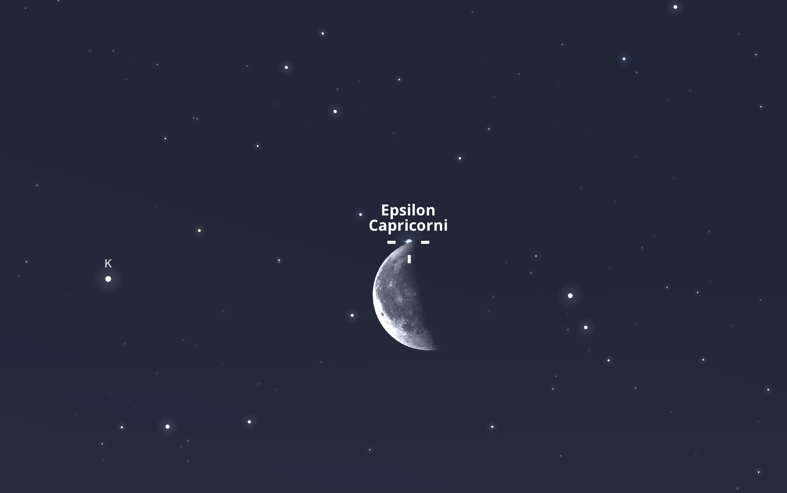 Az Epszilon Capricorni belép a Hold északi pólusvidéke mögé május 2-án 04:25-kor a dél-keleti égbolton. Stellarium-web.org