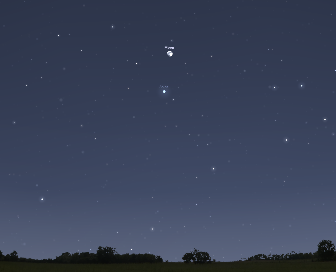 A Hold és a Spica párosa május 3-án 21:00 órakor a délkeleti égbolton. Stellarium-web.org