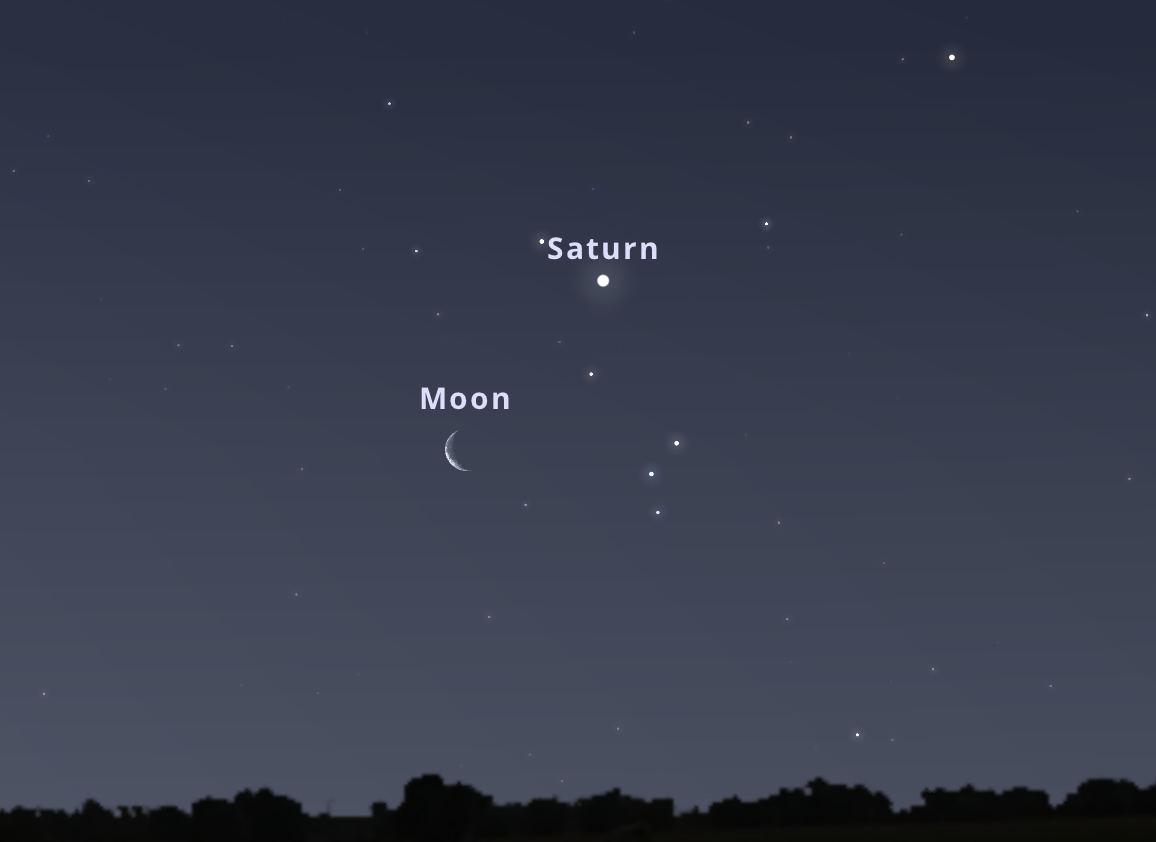 A Szaturnusz és a holdsarló együttállása május 4-én 04:20-kor a keleti égbolton. Stellarium-web.org