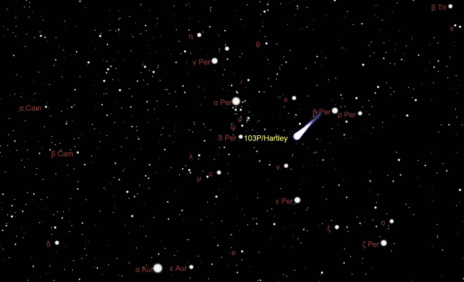 A 103P/Hartley szeptember 6-án 23:00-kor a Perseusban, az északkeleti égbolton. thesky-live.com