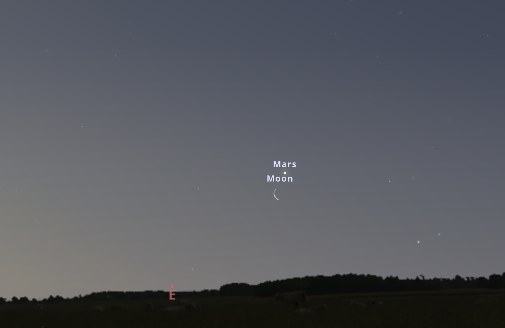 A Mars és a Hold párosa május 5-én 04:30-kor a keleti égbolton. Stellarium-web.org