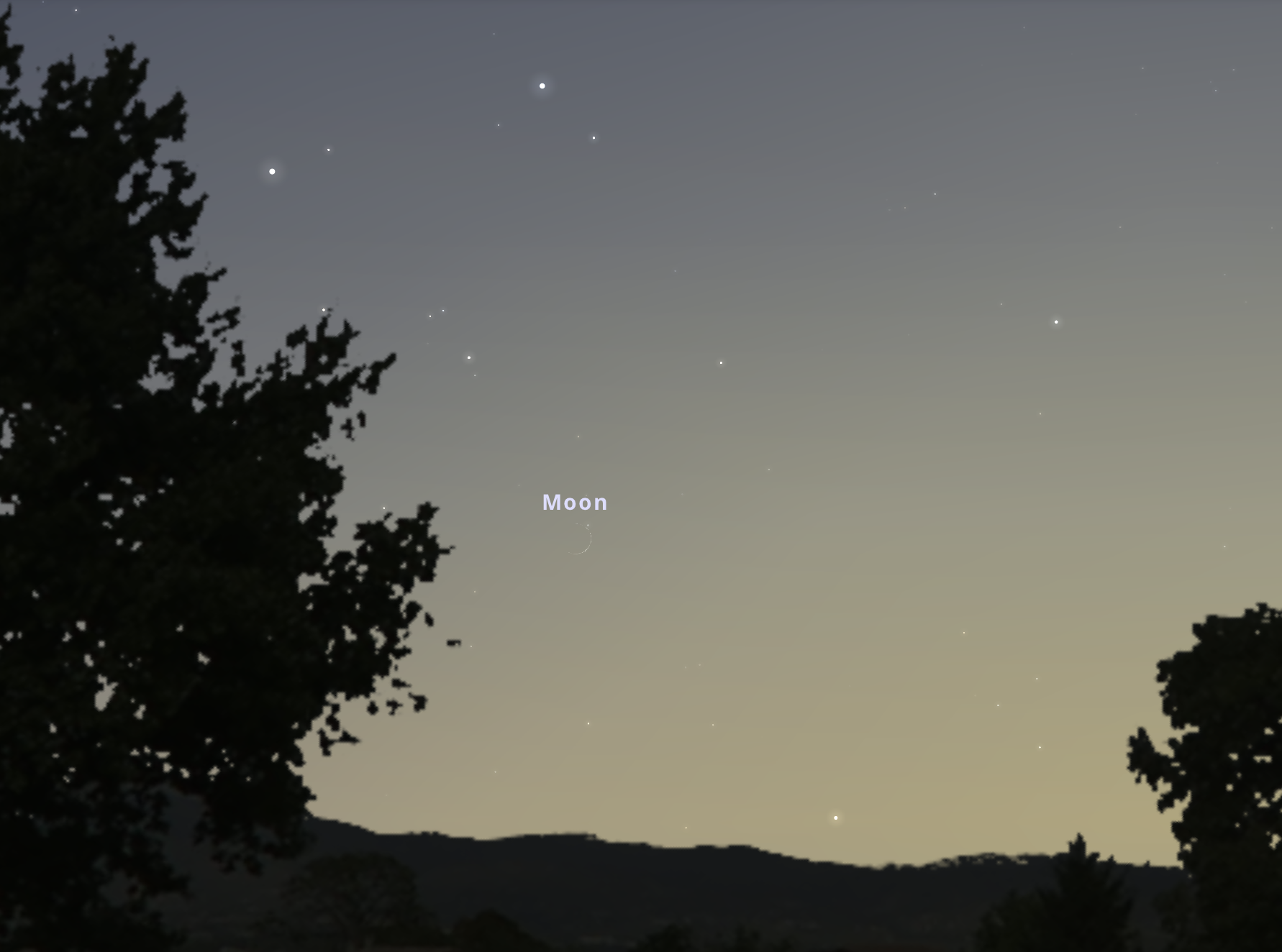 A Jupiter és a holdsarló párosa június 14-én 03:00-kor a keleti égen. Stellarium-web.org