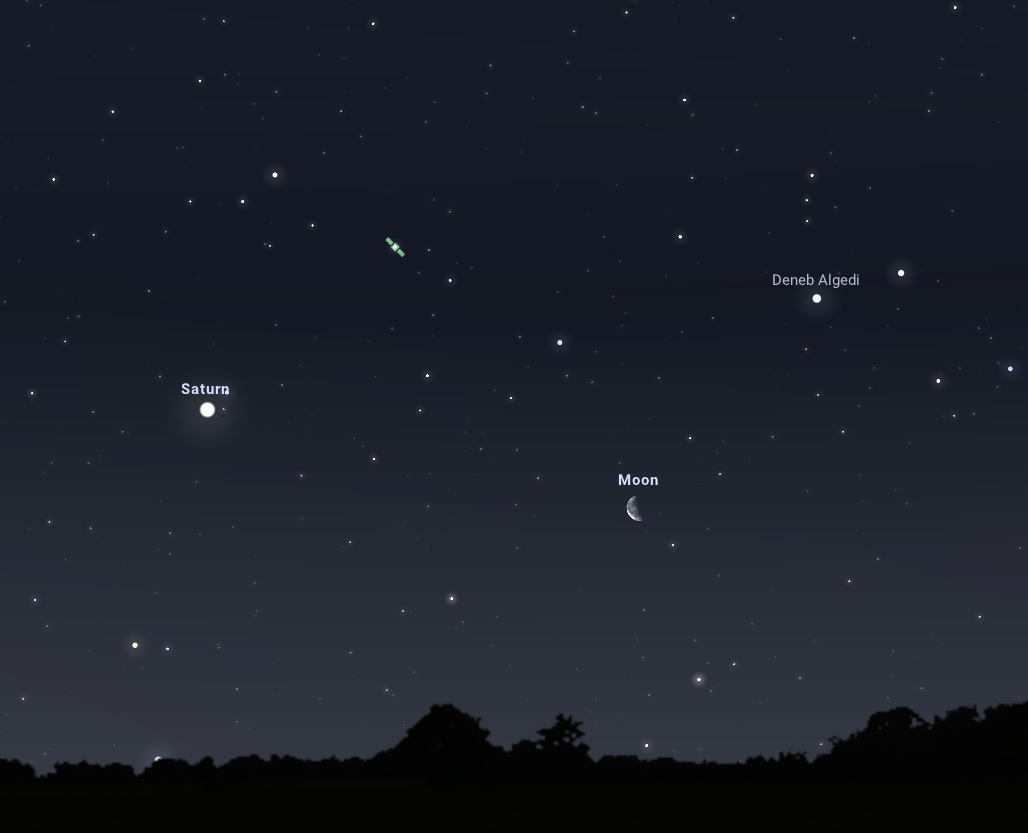 A Szaturnusz és a Hold párosa a délkeleti horizont felett május 13-án, hajnali 03:30-kor. Stellarium-web.org
