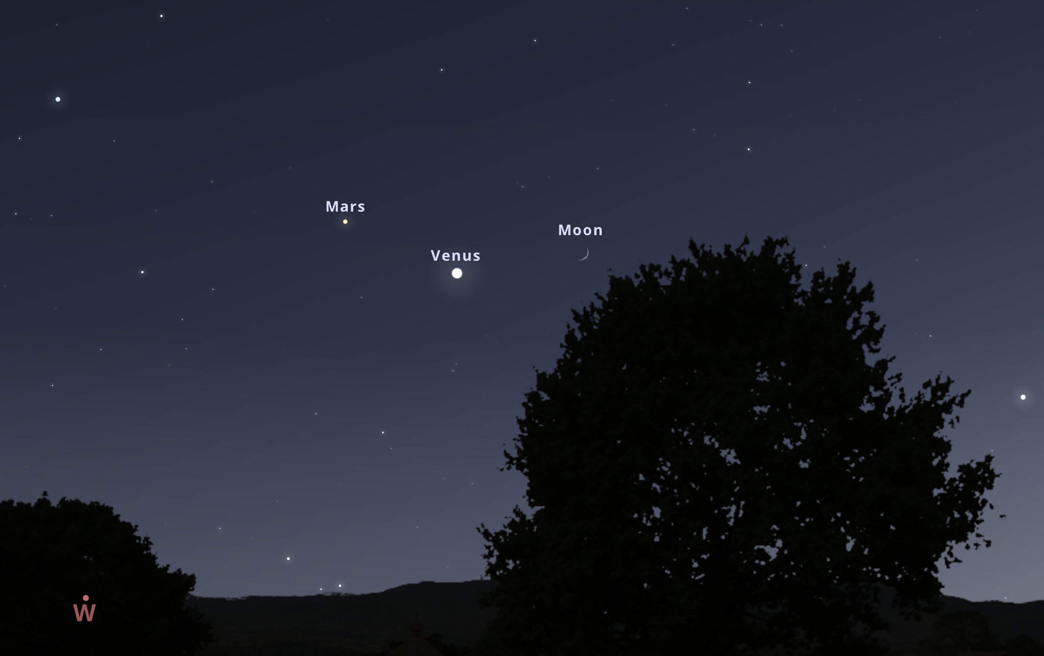 38 órás holdsarló június 19-én 21:45-kor a nyugati égen. Stellarium-web.org