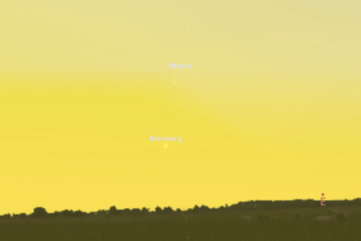 A Merkúr és a holdsarló együttállása május 6-án 04:45-kor a hajnalpírban. Stellarium-web.org
