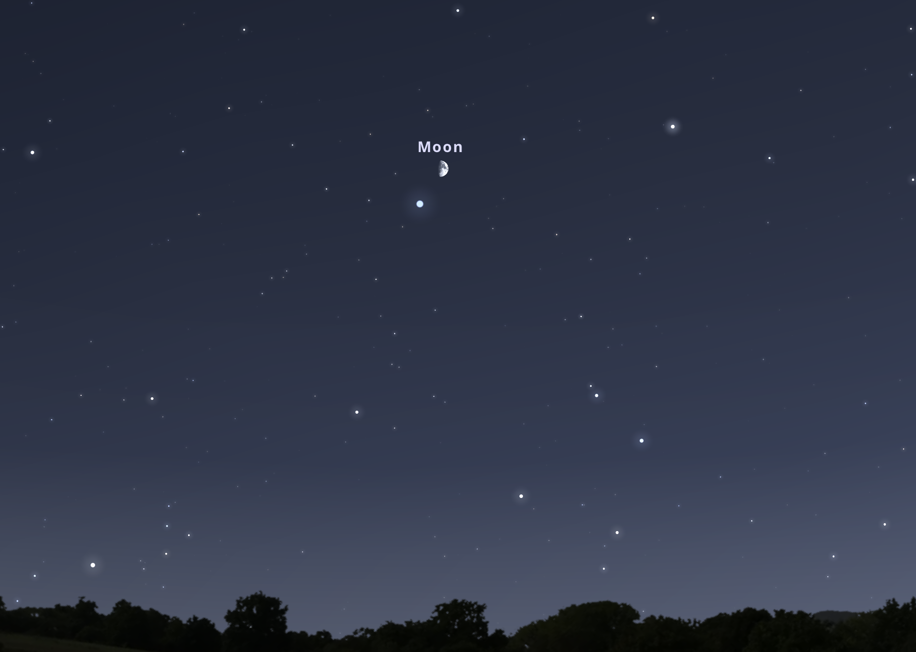A Mars, a Vénusz és a holdsarló által alkotott háromszög június 21-én 22:00-kor a nyugati égbolton. Stellarium-web.org