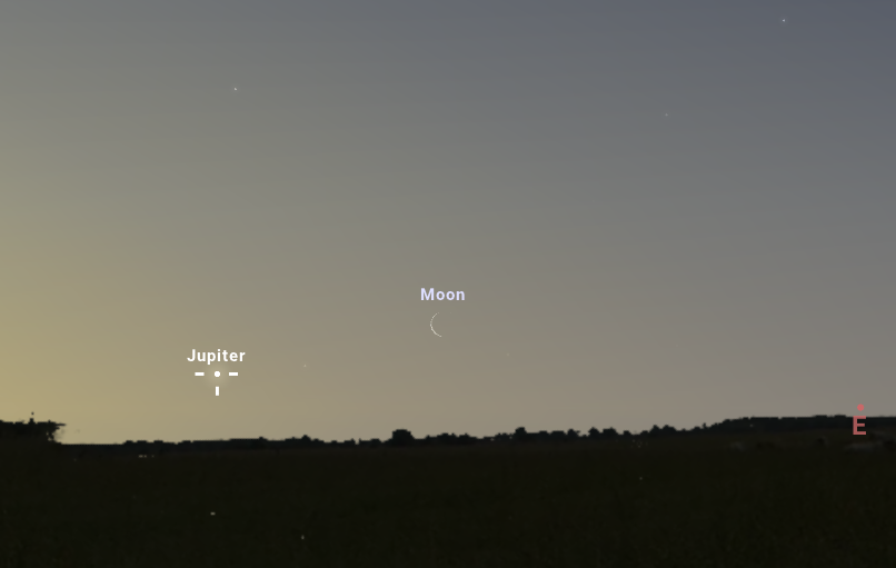 A Jupiter és a holdsarló a hajnalpírban május 17-én, 04:15-kor a délkeleti horizont felett. Stellarium-web.org
