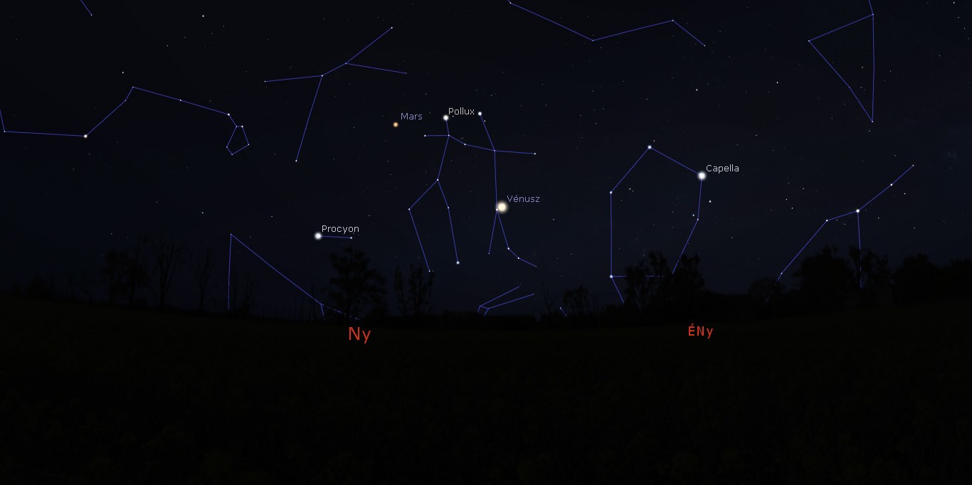 Vénusz–Mebsuta  együttállás a nyugati égbolton május 16-án 22:00-kor. FORRÁS: Stellarium-web.org
