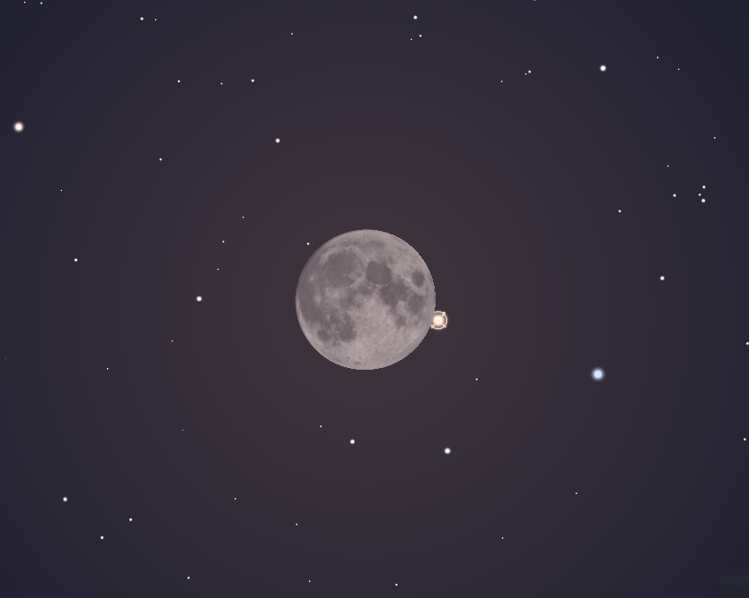 A tau Aqr kilépése a Hold mögül 2022. 09. 09-én 21:43-kor. Forrás: Stellarium