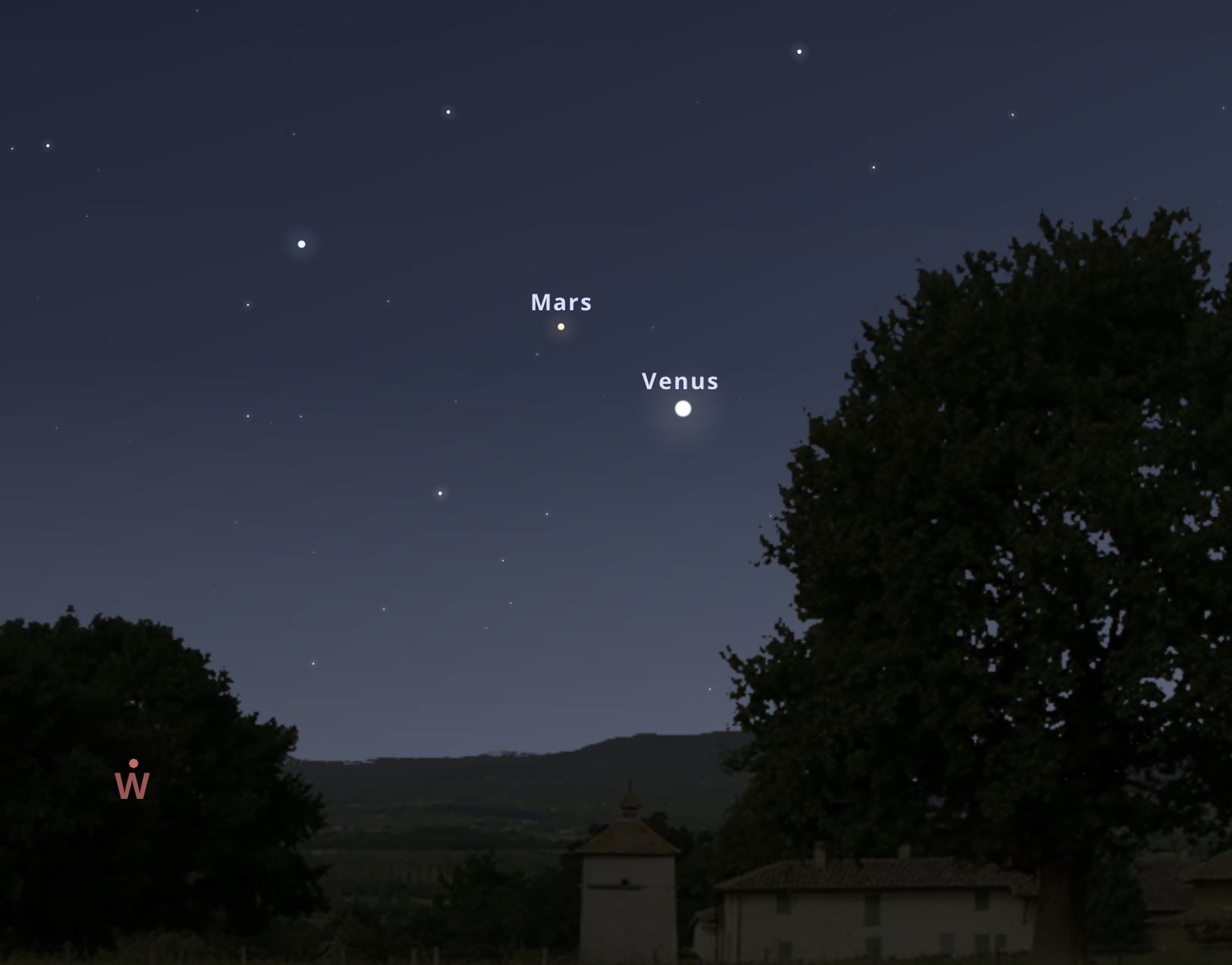 A Hold és a Spica párosa június 27-én 22:00-kor a délnyugati égbolton. Stellarium-web.org