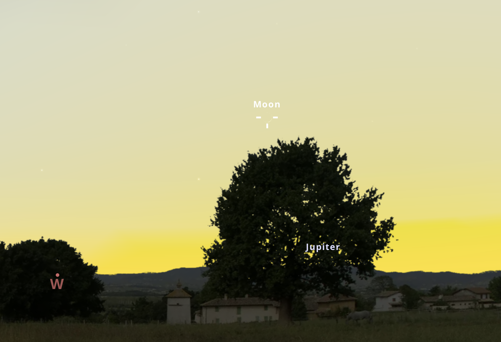 A holdsarló az alkonypírban május 9-én 20:45-kor a nyugati látóhatár felett. Stellarium-web.org