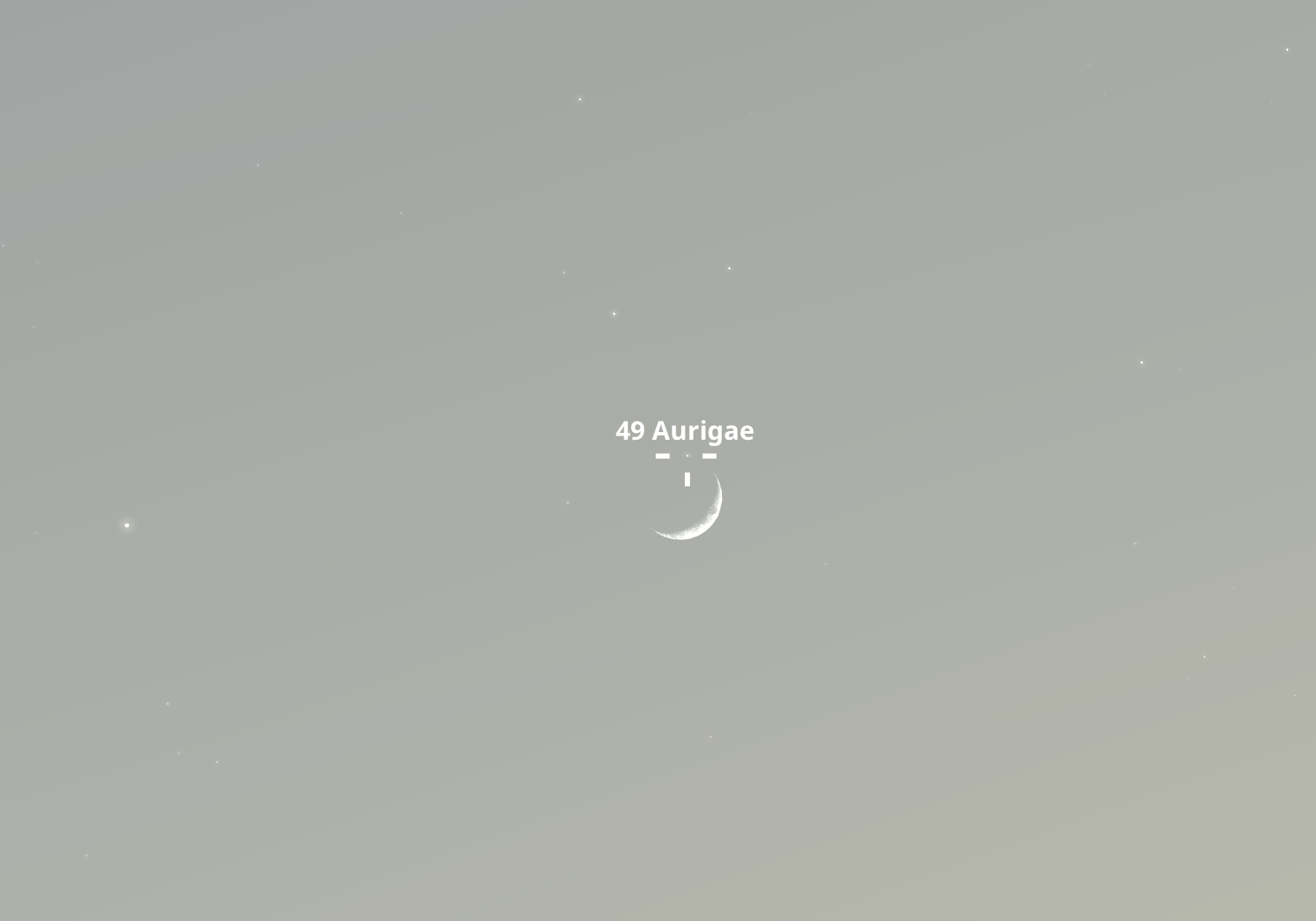 A 49 Aurigae belép a Hold mögé május 11-én 20:36-kor a polgári szürkületben a nyugati égbolton. Stellarium-web.org