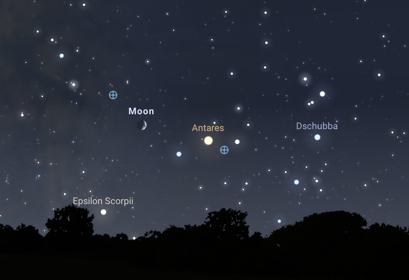 A holdsarló és az Antares 2023. szeptember 21-én 20:00-kor a délnyugati égbolton. Stellarium-web.org