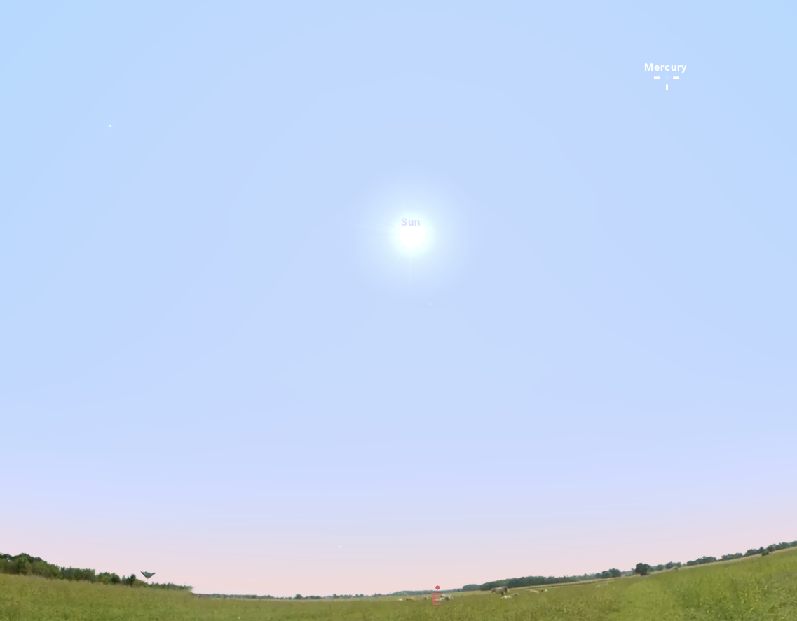 A Merkúr legnagyobb nyugati kitérése idején, május 29-én, 08:00 órakor a nappali égbolton, a Naptól 24,9 fokra. Stellarium-web.org
