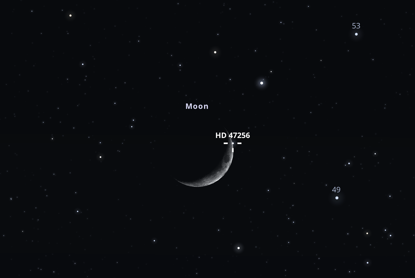 A HD 47256 kilép a Hold mögül május 11-én 22:43-kor a nyugati égbolton. Stellarium-web.org