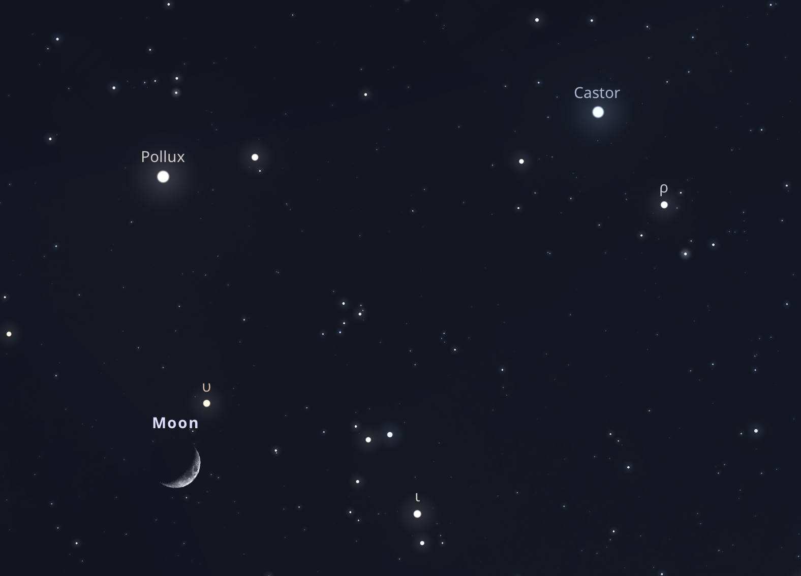A Hold az Ikrekben május 12-én 21:35-kor a nyugati égbolton. Stellarium-web.org