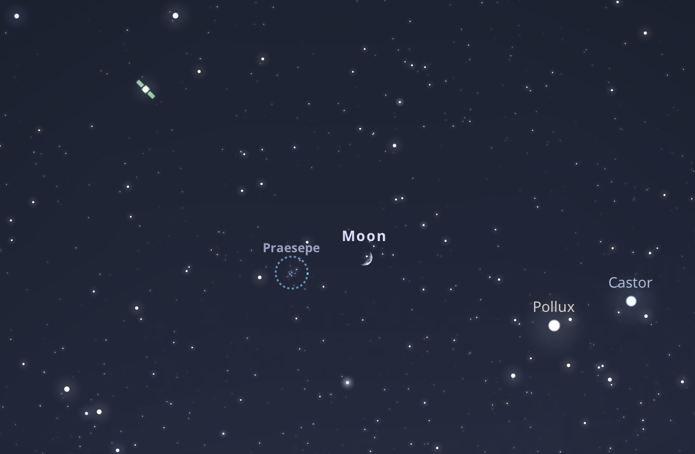 A Hold és a Jászol (Praesepe) párosa május 13-án 22:25-kor a nyugati égbolton. Stellarium-web.org