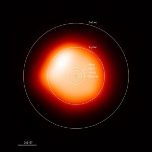 Az ALMA (Atacama Larga Millimeter/submillimeter Array) rádiótávcső-rendszer felvétele a Betelgeuse vörös szuperóriáscsillagról, mely az egyike a ma ismert legnagyobb csillagoknak. Az ábrán berajzolva a Naprendszer bolygóinak pályái láthatóak, méretarányosan. A Betelgeuse sugara egészen a Jupiter pályájáig elérne. (ALMA (ESO/NAOJ/NRAO)/E. O’Gorman/P. Kervella)