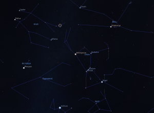 Az éta Geminorum helyzete az égbolton. Az Ikrek csillagkép déli részén helyezkedik el, a könnyen megtalálható Orionhoz közel. Forrás: Stellarium