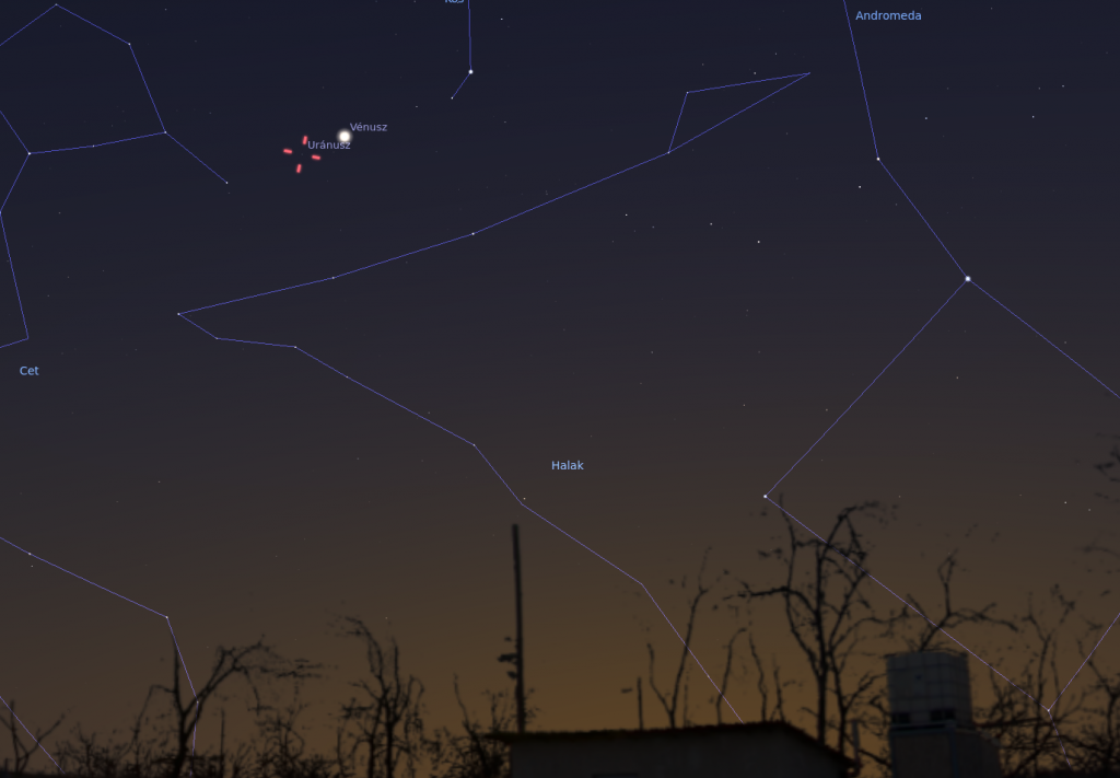 Így fog kinézni az együttállás március 8-án 18:30-kor. A piros jelölő az Uránusz helyzetét mutatja, tőle jobbra felfelé a Vénusz látható. Forrás: Stellarium