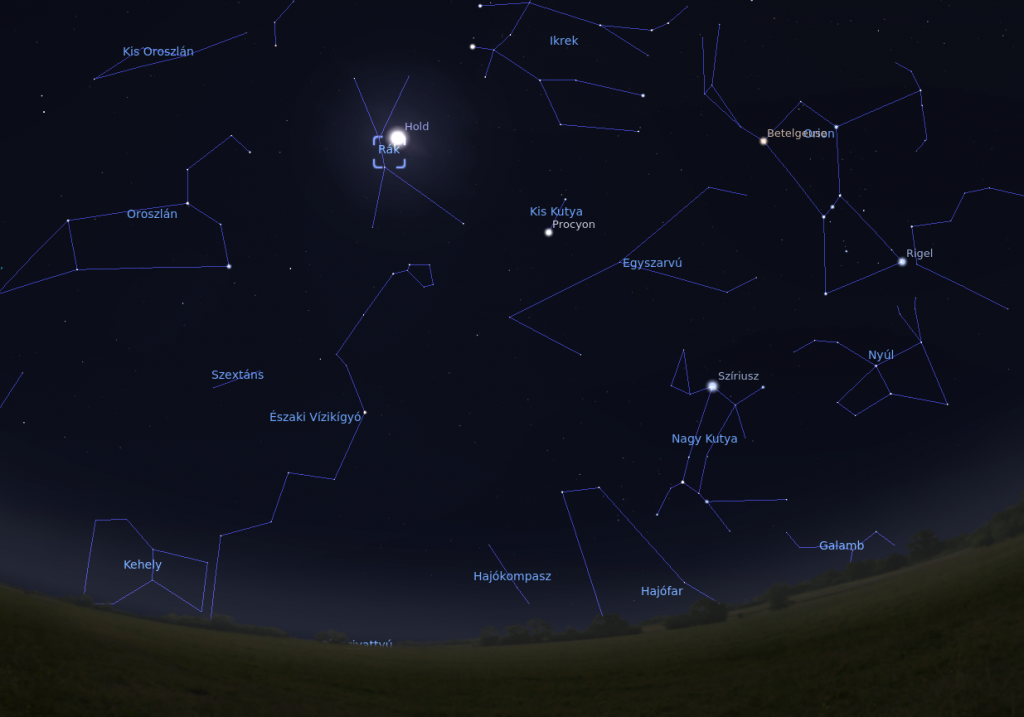 A Hold és a Jászol-halmaz helyzete március 6-án 20:00-kor. A kék jelölő a csillaghalmaz helyzetét mutatja.Forrás: Stellarium