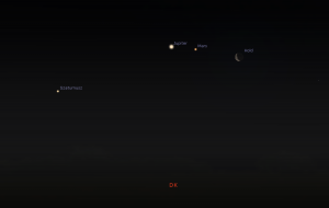 A Szaturnusz, a Jupiter, a Mars és a Hold a hajnali órákban 2020. március 18-án. Forrás: Stellarium