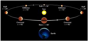 A Vénusz méretének változása és fázisai a Földtől való távolság függvényében a bolygó keringése során. Az újvénusz és a vénuszsarló a legnagyobb, a telivénusz a legkisebb. Forrás: ESO, https://www.eso.org/public/images/potw1704a/
