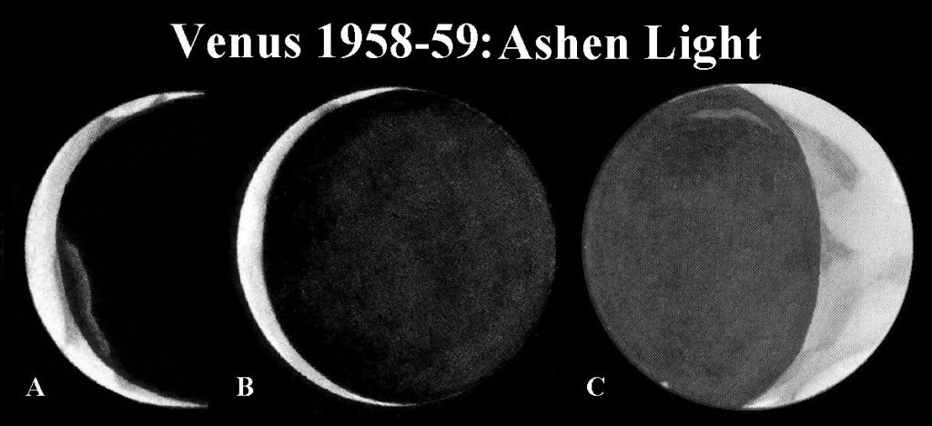 V. A. Firsoff hamuszürke-fény észlelései a Vénuszon, 165 és 320mm-es reflektorral, 200-300x nagyításon. A: 1985 jan. 5., sötét oldalra kifutó terminátor-menti fénylés. B: 1958 jan. 13., az egész sötét oldal diffúzan dereng. C: 1959 okt. 8., egy fényes ív a hamuszürke fényben. Forrás: https://britastro.org/node/4939