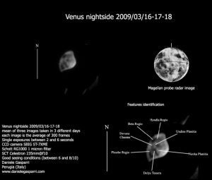 Danielle Gasparri úttörő fotómontázsa a Vénusz éjszakai oldaláról, 2009-ből. A nagy albedoalakzatok a Magellán űrszonda radartérképén jól azonosíthatók. Forrás: https://www.astroatacama.com/english/gallery/planets/