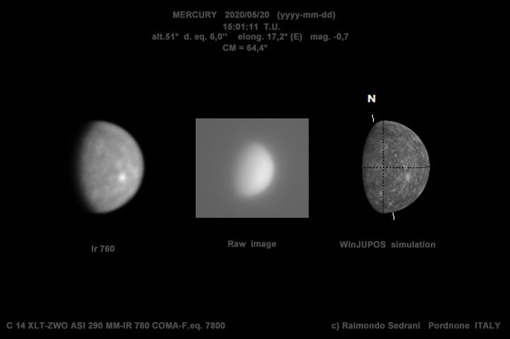 A Merkúr nagy távcsőben egy héttel ezelőtt, Raimondo Sedrani 35 cm átmérőjű nagytávcsővel készült infravörös felvételén. A bolygó távcsöves képe a bal oldali fotón, műholdas szimulációja a jobb oldali képen látható.