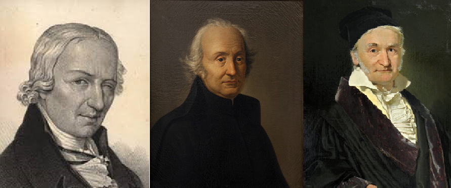 A Ceres felfedezésének három kulcsfigurája. Balról jobbra: John Elert Bode (1747-1826), Giuseppe Piazzi (1746-1826), Carl Friedrich Gauss (1777-1855).