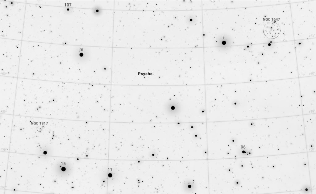 A (16) Psyche látszó pozíciója Magyarországról, 2020.12.06. 23:00 UT-kor. Kép: Stellarium