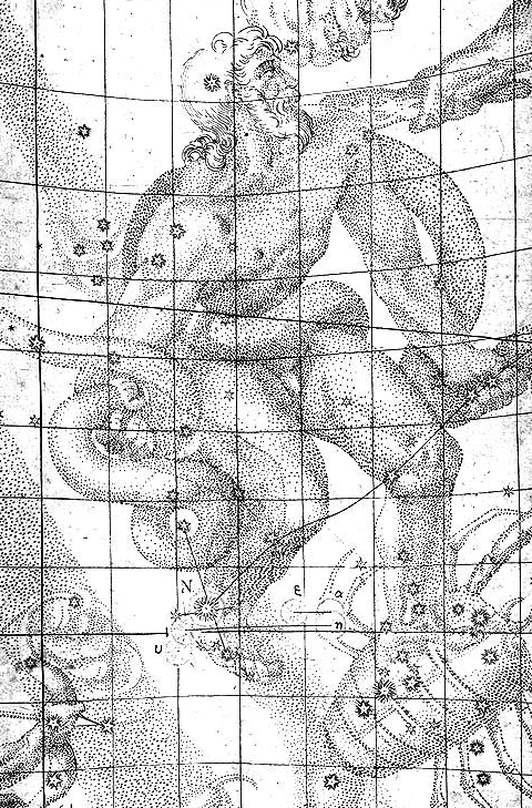 Kepler 1604-ben feltűnt szupernóvájának eredeti rajza. A N betűvel jelölt új csillag alul, a Skorpió mellett, a Kígyótartó lábánál látszik. Forrás: Wikimedia Commons