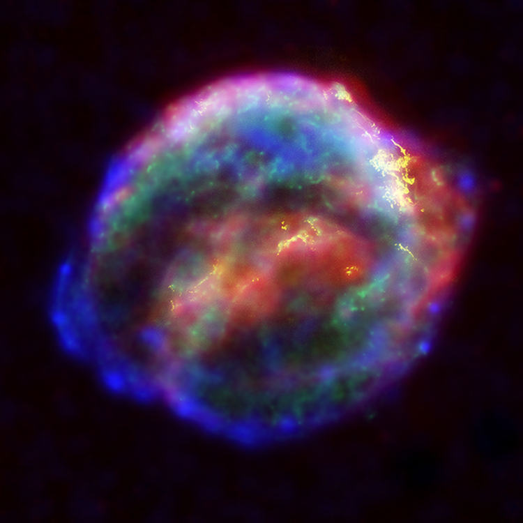 Az SN 1604, Kepler szupernóvájából keletkezett szupernóvamaradvány kompozit képe a CXO/HST/Spitzer űrtávcsövek felvételei alapján. Forrás: Wkikimedia Commons
