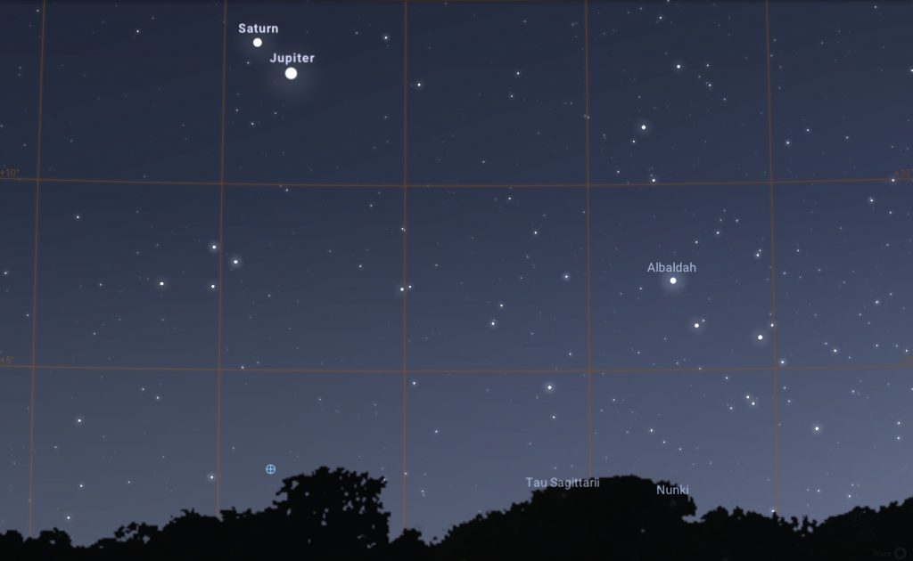 A Jupiter, és mellette a nagyon szorosan csatlakozó Szaturnusz szabad szemes látványa jelenleg, 2020.12.10-én, 17:00-kor. Forrás: Stellarium