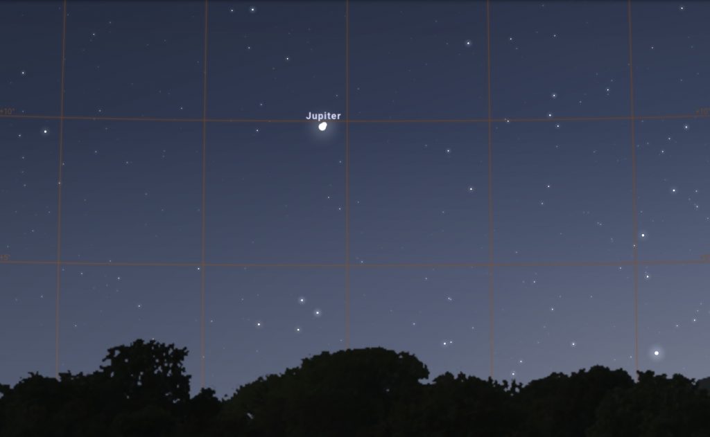 A Jupiter, és mellette a nagyon szorosan csatlakozó Szaturnusz szabad szemes látványa a Nagy Együttállás napján, 2020.12.21-én, 17:00-kor. Forrás: Stellarium