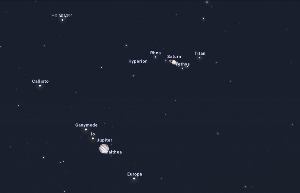 A Nagy Együttállás látványa az égen, 2020.12.21-én 17:00-kor, erősen kinagyítva. Forrás:Stellarium