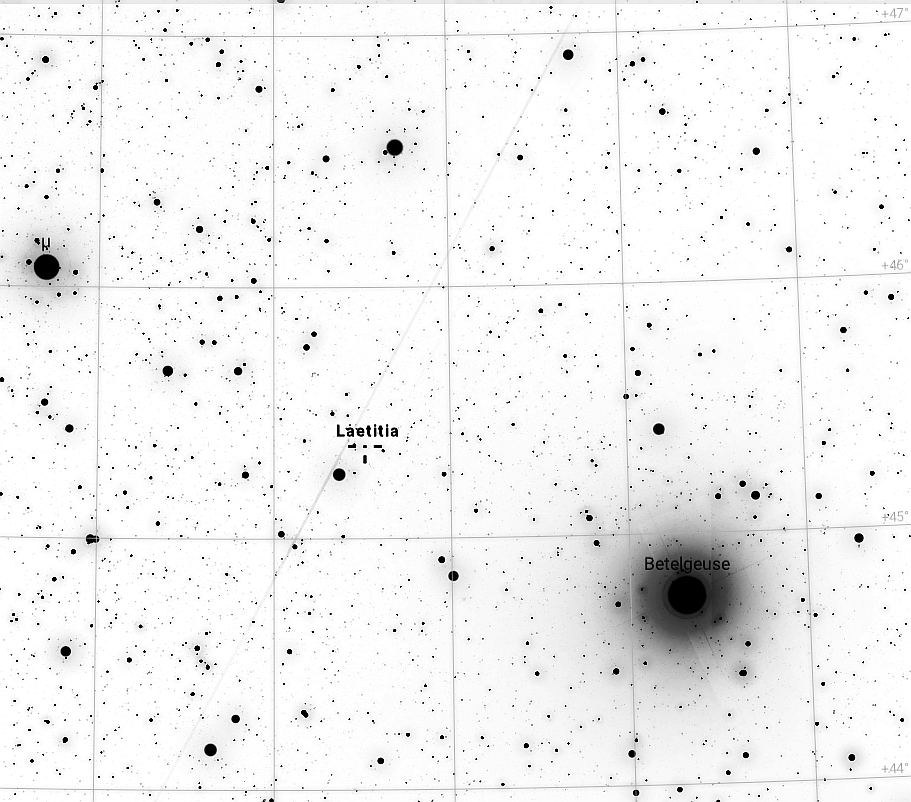 A Laetitia keresőtérképe 2020-12-21. 22:00 órakor, a csillag nem messze van a Betelgeuzétől. Forrás: Stellarium.