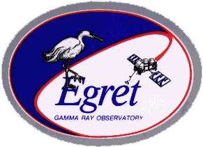 Az EGRET logója,benne egy kócsaggal (az egret szó kócsagot jelent angolul) és a CGRO űrobszervatóriummal.