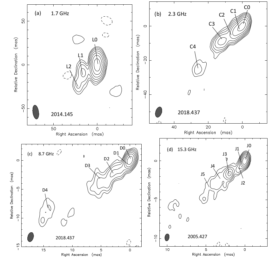 A J1826+3431 rádiótérképein látható struktúra 4 különböző rádiófrekvencián mérve. Betű-szám jelzéssel a jetkomponensek pozíciói vannak jelölve. Itt még a modellillesztés előtti állapotot látjuk, ezért nincsenek a 6. ábrához látottakhoz hasonlóan körapalú modellkomponensekkel szemléltetve. Érdemes megfigyelni a tengelyek skálázását, fentről lefelé illetve balról jobbra egyre „beljebb” látunk, egyre jobb felbontással. A tengelyeken a 6. ábrához hasonlóan relatív rektaszcenzió illetve deklináció értékek szerepelnek. Az 1,7 GHz-es rádiótérkép EVN által mért adatok, a többi térkép VLBA adatok alapján készült.