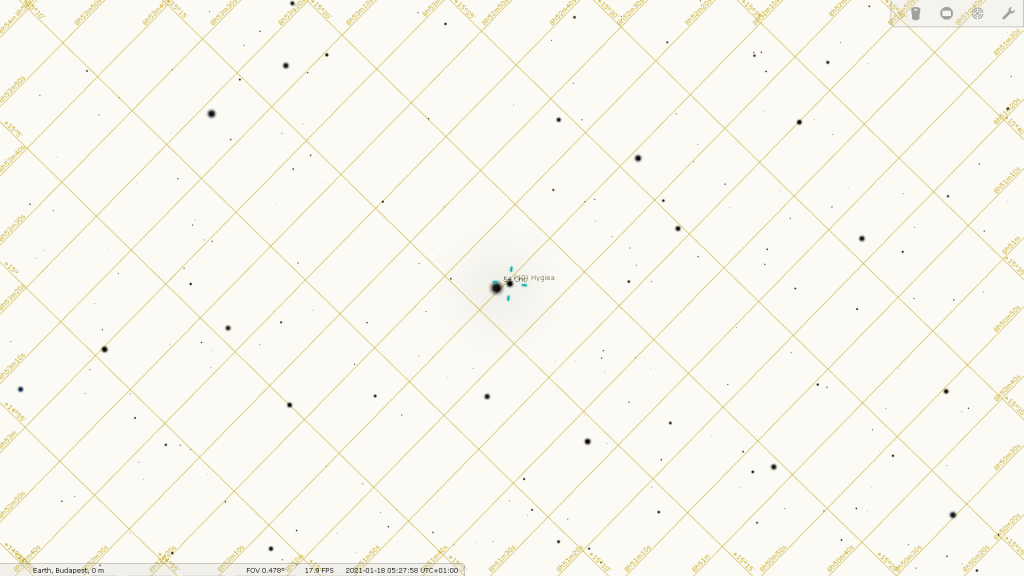 54 CnC és fél fokos környezete, 2021.01.18. 05:27-kor. Forrás: Stellarium