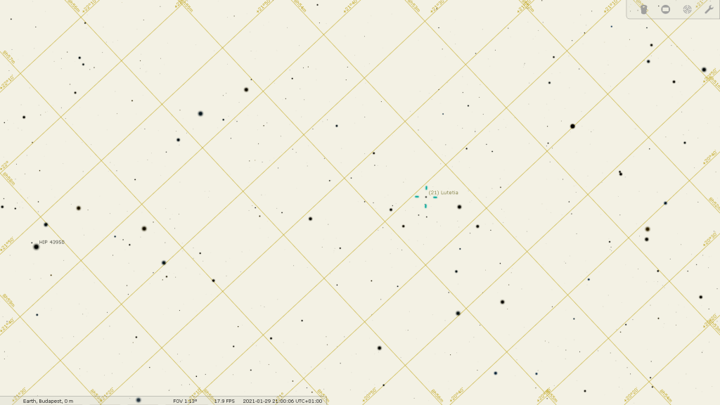 (21) Lutetia és szűkebb környezete, 2021.01.29. 21:00-kor. Forrás: Stellarium