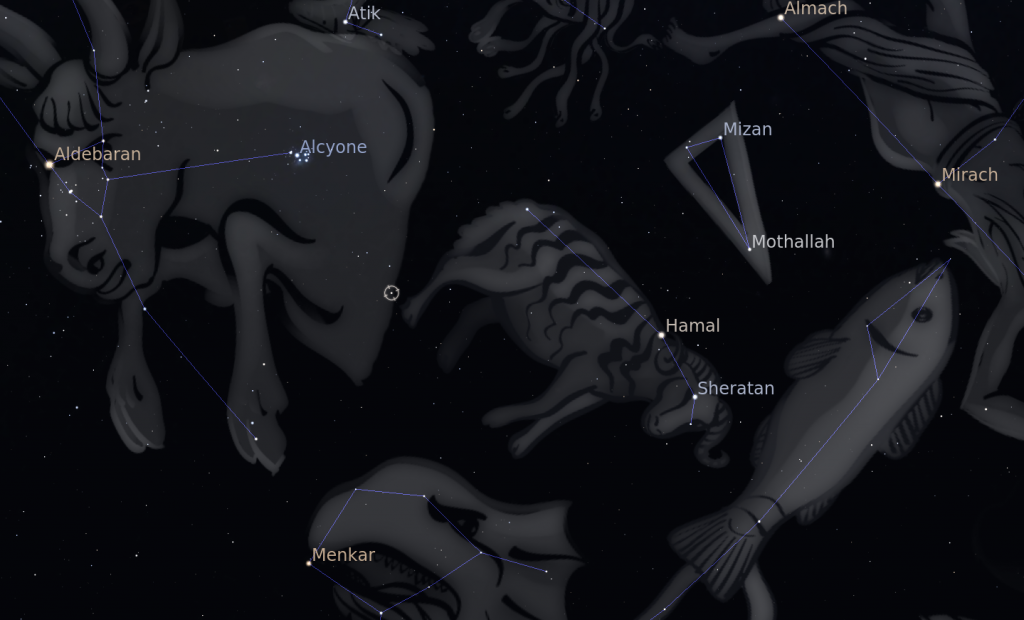 A Botein a kép közepén kijelölve látható, a Kos és a Bika határán. Forrás: Stellarium