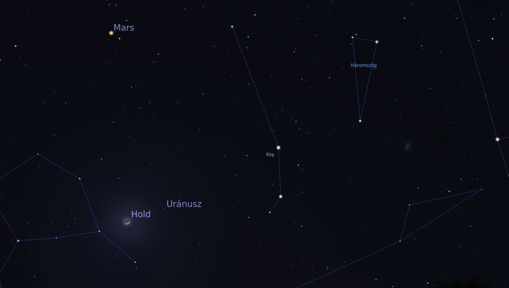 A Hold-Uránusz együttállás 17-én 21:00-kor a Kos csillagkép határán. Forrás: Stellarium